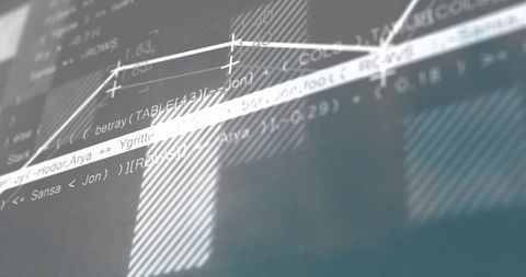 Futuristic data dashboard displaying white polyline, code snippets and hatched bar charts