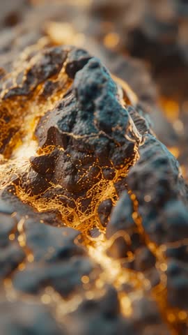 Macro vertical video showing porous igneous rock pulsing lava veins and amber sparks