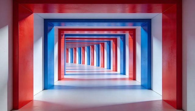Endless Red Blue White Archway Corridor with Geometric Symmetry and Reflective Floor Depth