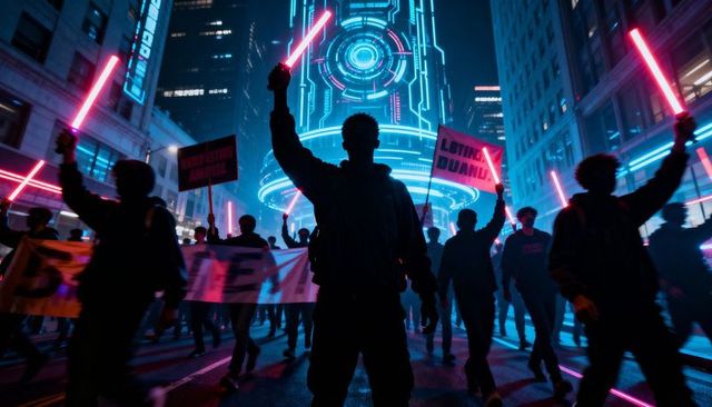 Cyberpunk protest march at night with neon batons, silhouettes, futuristic light tower
