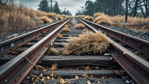 Rustic railroad tracks with tumbleweed through rural woodland