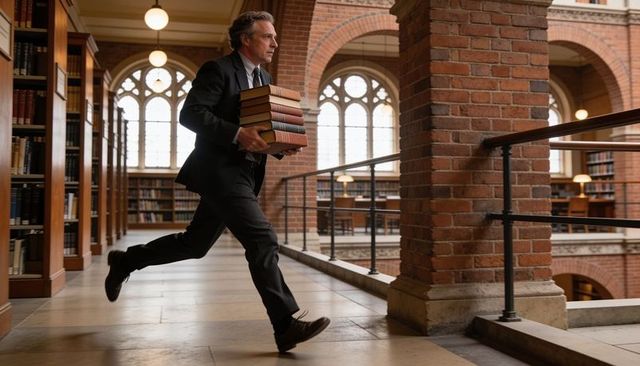 Striding professor carrying leather-bound tomes along historic university library walkway