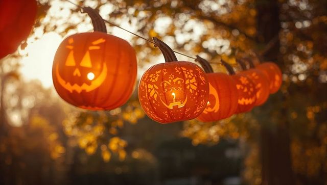 Carved pumpkin garland with candlelight for halloween decoration