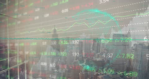 Financial Data Processing Animation Over City Buildings