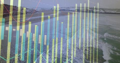 Data Visualization Overlay on Winter Coastal Scene Depicting Financial Analysis