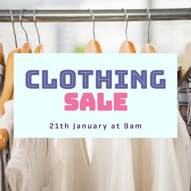 Composite of clothing sale in white box over clothes on hangers. Isolated image, sale, shopping, clothes, information and writing concept.