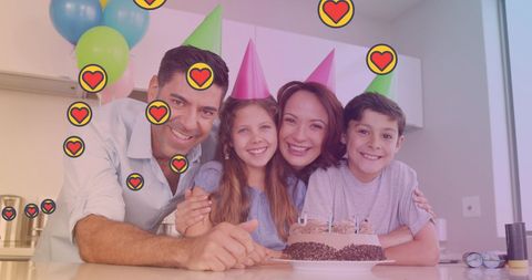 Happy Family Celebrating Birthday with Love Heart Icons