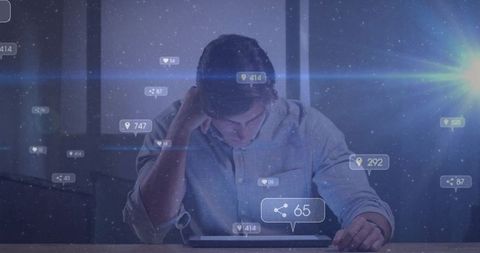 Businessman Engaging with Futuristic Tablet in Office Environment