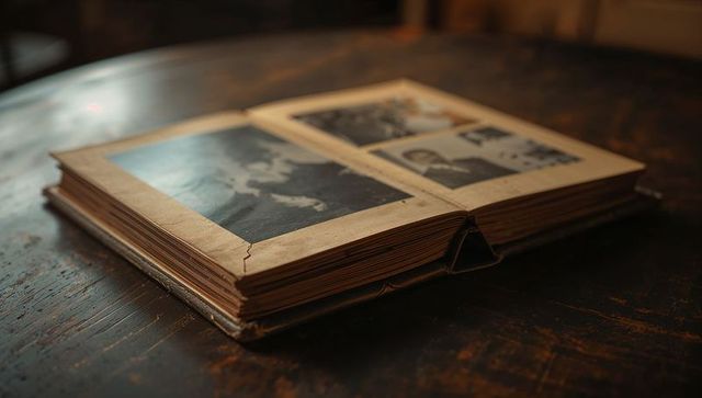 Displaying vintage picture album with yellowed pages and mounted prints on wooden table