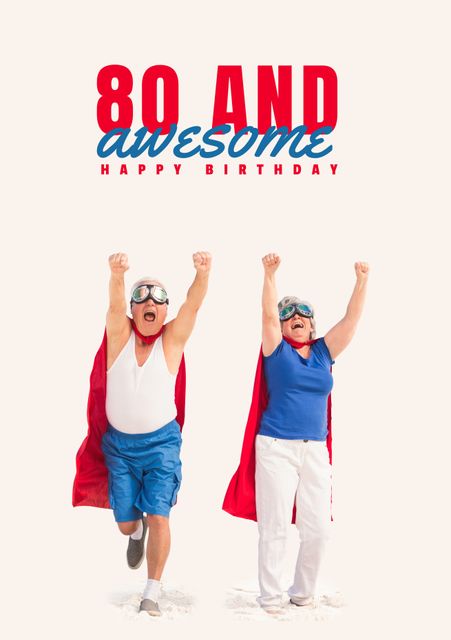 Two seniors dressed in superhero costumes celebrate an 80th birthday with joy and enthusiasm. This joyful scene can be used for birthday cards, invitations, and advertisements centered around senior celebrations and milestone events. Perfect for themes highlighting the lively spirit and exuberance of elderly adults.