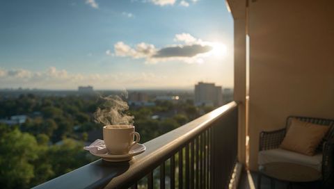 Steaming morning coffee on balcony railing with city skyline at sunrise