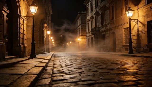 Glistening cobblestone street at night with vintage lampposts and rolling fog