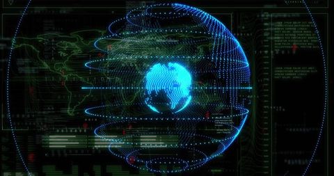 Holographic Globe Rotating Over Futuristic Cyber Dashboard Displaying Data Streams