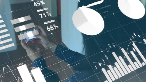 Woman Analyzing Business Data with Smartphone and Digital Interface