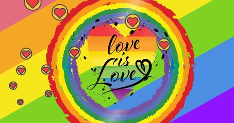Love is Love with Hearts on Vibrant Rainbow Background