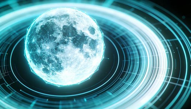 Futuristic holographic moon network with neon cyan wireframe and concentric data rings