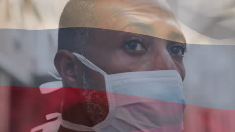 Digital Double Exposure: Masked Man with Russian Flag 2023