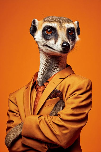 Portrait of meerkat with orange suit and tie, on orange, created using generative ai technology. Nature and style concept, digitally generated image.