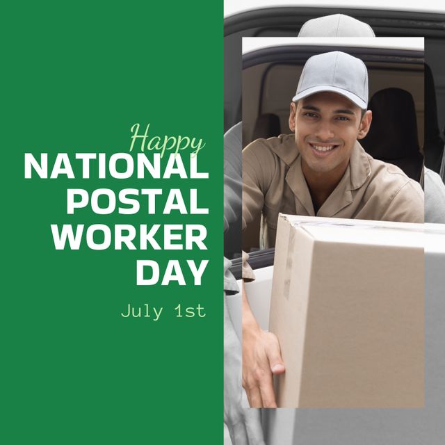 Happy National Postal Worker Day - Smiling Delivery Man with Parcel - Download Free Stock Templates Pikwizard.com