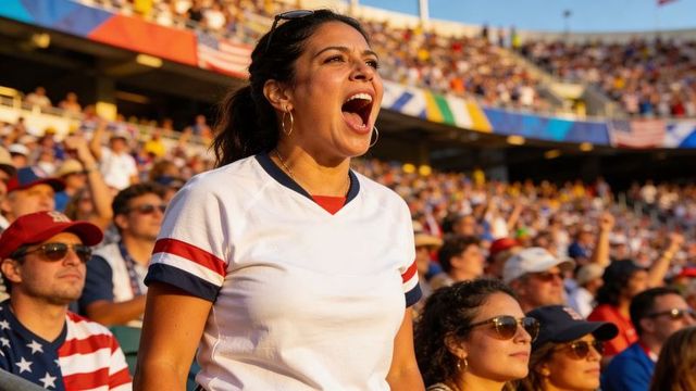 Woman cheering loudly in stadium wearing white tee with navy and red stripes, crowd energy