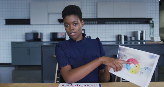 African American businesswoman confidently presenting a report with a colorful pie chart in a modern office environment. This image is ideal for use in business, consultancy, and educational materials showcasing analysis, data interpretation, and workplace presentations.