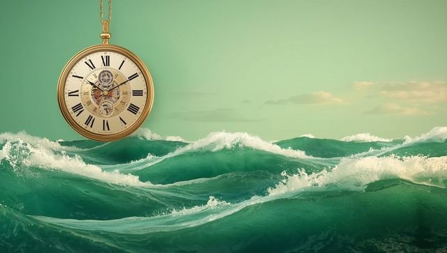 Gold pocket watch floating over turbulent ocean waves