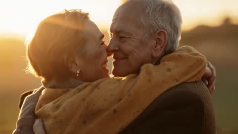 Senior couple nuzzling and embracing at golden hour in sunlit field