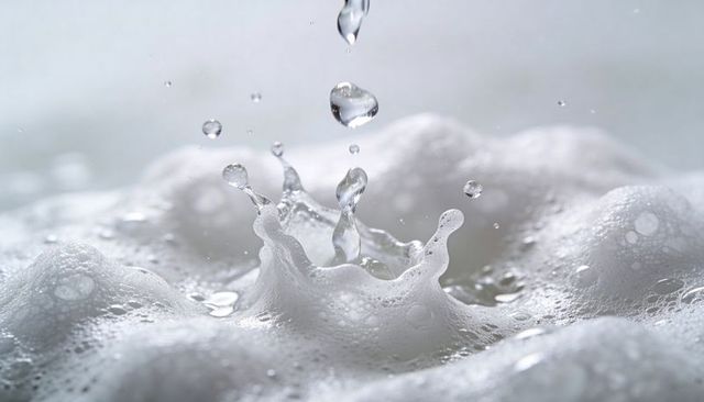 Macro water splash crown forming on soap foam with suspended droplets and bubbles