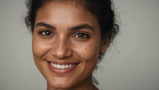 Smiling south asian woman making direct eye contact soft lighting headshot natural skin