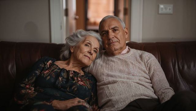 Senior couple leaning on sofa relaxing together in cozy living room