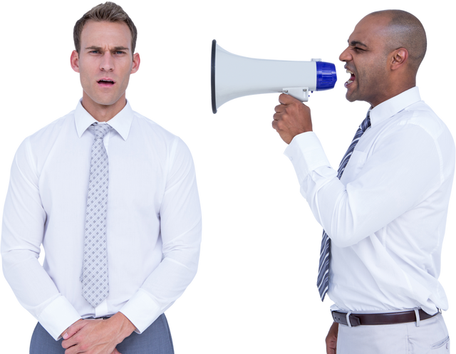 Transparent businessman yelling with megaphone at colleague - Download Free Stock Videos Pikwizard.com