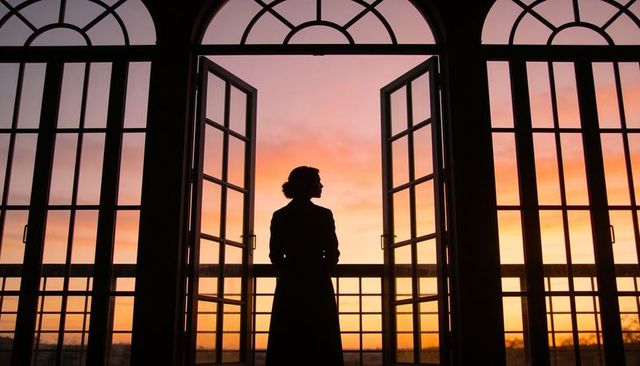 Silhouette woman gazing through open french doors at sunset in arched window room
