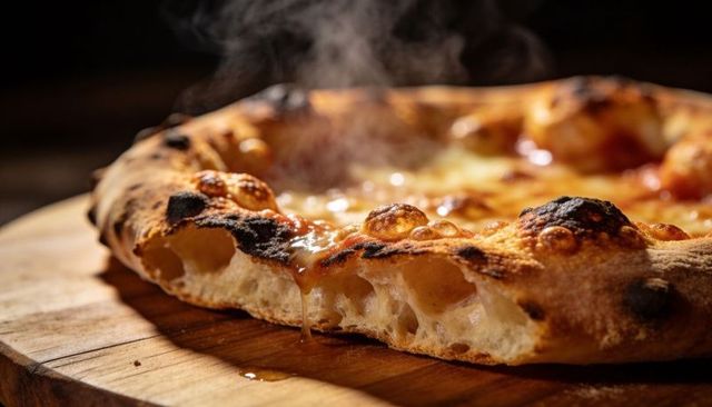 Steaming neapolitan pizza crust with blistered char, airy crumb and melting mozzarella