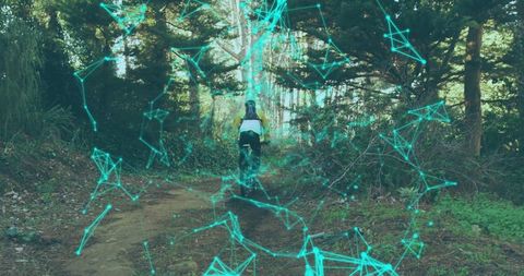 Cyclist Adventure with Digital Network Overlay in Forest Trail