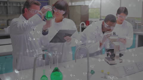 Diverse Scientists Conducting Laboratory Research with Mathematics overlay