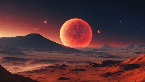Majestic Extraterrestrial Landscape with Rising Red Planet
