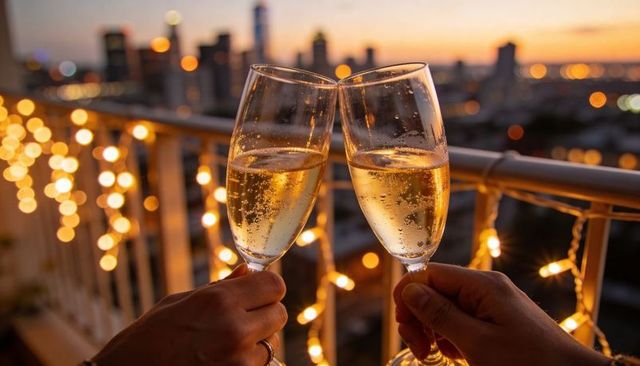 Clinking champagne flutes on balcony at dusk with ring, string lights and city skyline