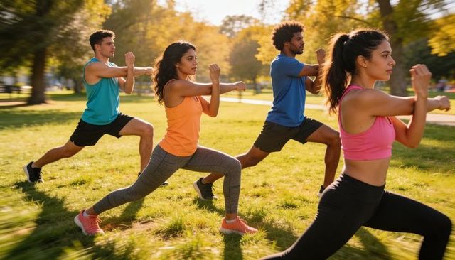 Morning group workout doing lunges and punches in sunlit park for cardio and strength