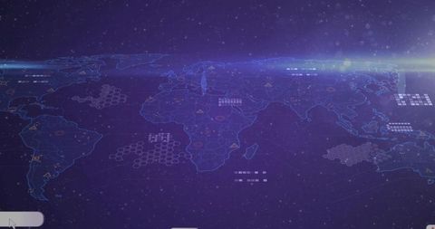 Projecting holographic world map with neon hex grid overlays, data panels, alert icons