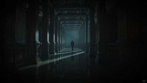 Mysterious prosecutor figure walking through historic columned corridor