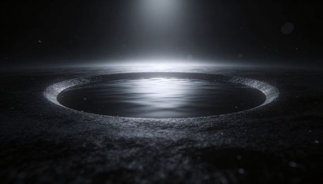 Monochrome Circular Basin Reflecting Water with Spotlight Halo and Floating Particles