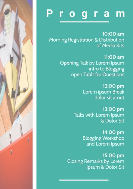 Detailed schedule agenda for a blogging workshop in a professional environment. Ideal for illustrating seminars, educational events, and corporate workshops. Great for presentations, promotional materials, and event planning visuals.