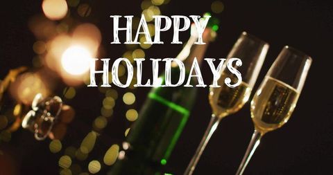Happy Holidays Champagne Toast with Green Bottle and Two Flutes amid Golden Bokeh