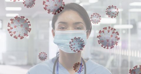 Healthcare Worker Wearing Mask Amid Floating COVID-19 Cells - Download Free Stock Images Pikwizard.com