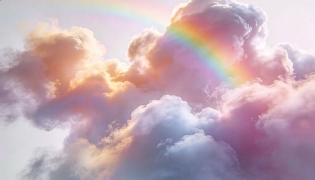 Luminous Pastel Clouds with Rainbow Arch Creating Dreamy Sunset Atmosphere