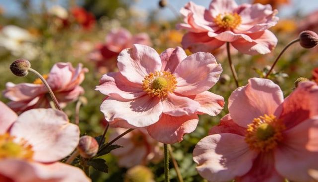 Soft pink anemone bloom with yellow center closeup in sunlit garden