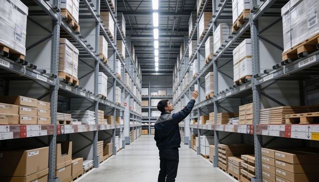 Warehouse worker scanning inventory in high-bay distribution aisle with pallet racks
