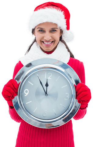 Happy Woman in Santa Hat Holding Clock on Transparent Background