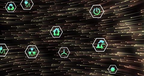 Floating hex eco icons over neon data stream for futuristic sustainability dashboard ui