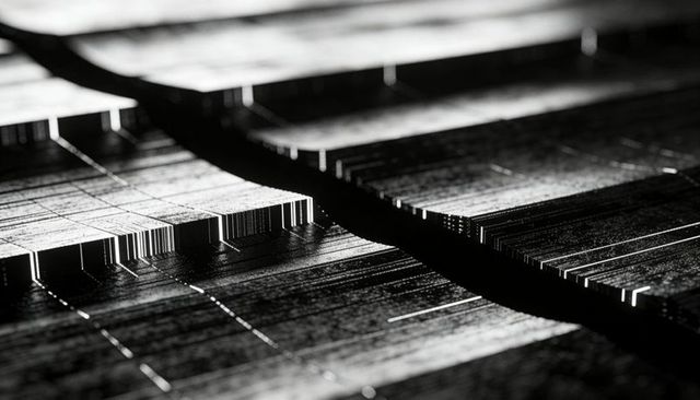 Monochrome macro patterned metallic wafer with geometric grooves and light sheen